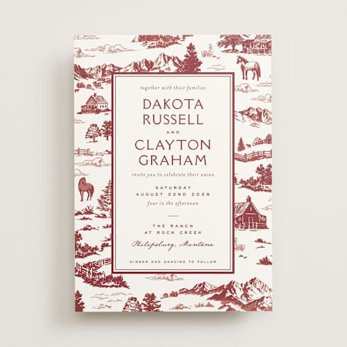 This is a barn wedding invitations with standard by Jenna Holcomb called mountain ranch toile printing on signature in standard