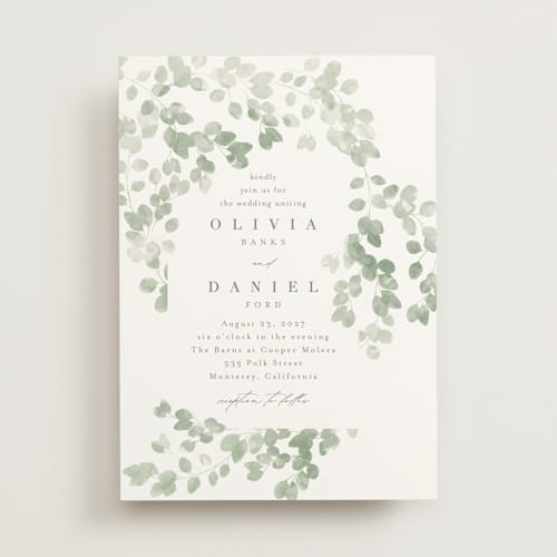 This is a eucalyptus wedding invitations with standard by Kristie Kern called vining printing on signature in standard