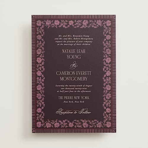 This is a burgundy wedding invitations with standard by Jenna Holcomb called embroidered printing on signature in standard