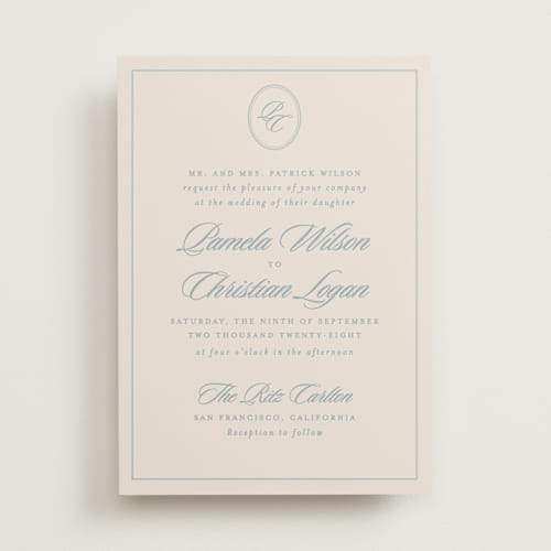 This is a powder blue wedding invitations with standard by Creo Study called scripted printing on signature in standard