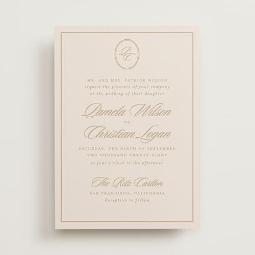 This is a almond wedding invitations with standard by Creo Study called scripted printing on signature in standard