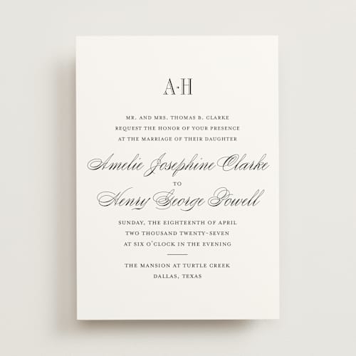 This is a tuxedo wedding invitations with standard by Megan Davis called hepburn printing on signature in standard