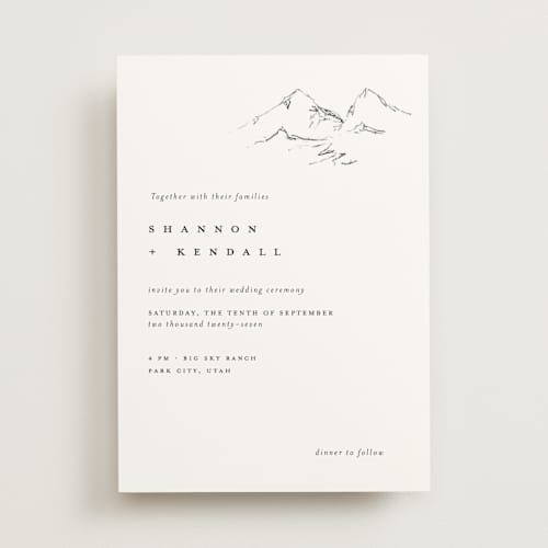 This is a snow wedding invitations with standard by Mere Paper called sketched mountains printing on signature in standard