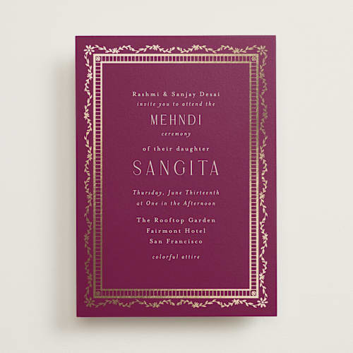 This is a garnet foil stamped wedding invitations with foil pressed by Chris Griffith called amber palace printing on signature in standard
