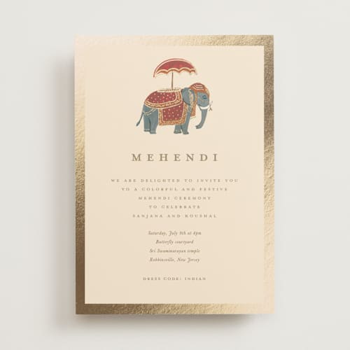 This is a honey foil stamped wedding invitations with foil pressed by Teju Reval called indian elephant printing on signature in standard