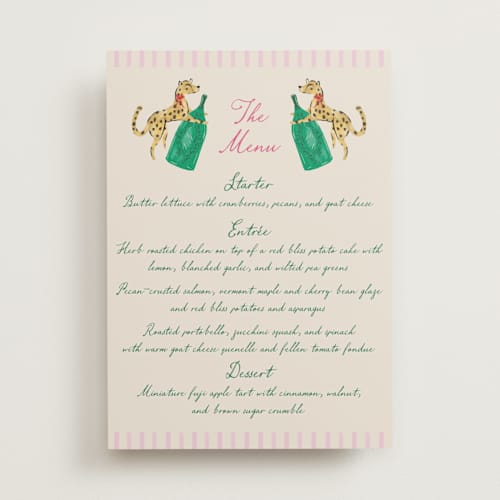 This is a peony menu cards with standard by Jackie Crawford called whimsical hand illustrated crest printing on signature in 5x7