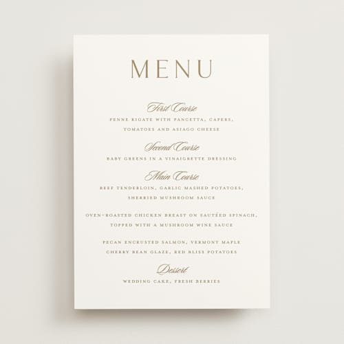 This is a golden menu cards with standard by Stacey Meacham called classic decorum printing on signature in 5x7