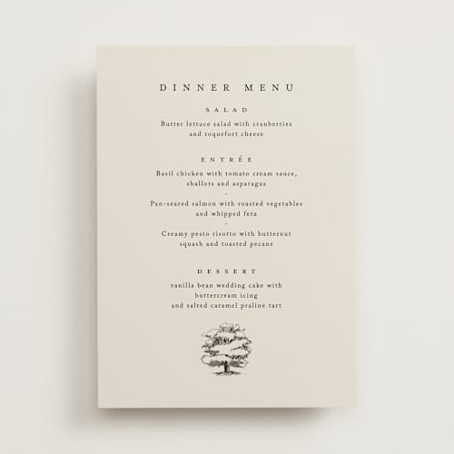 This is a dove menu cards with standard by Amy Kross called white oak printing on signature in 5x7