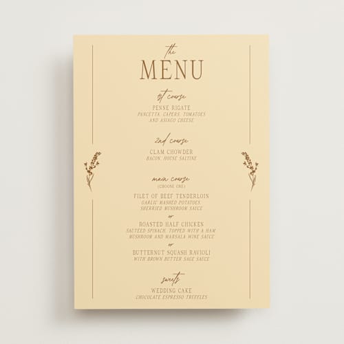 This is a bark menu cards with standard by Jen Ramsey called classic and floral printing on signature in 5x7
