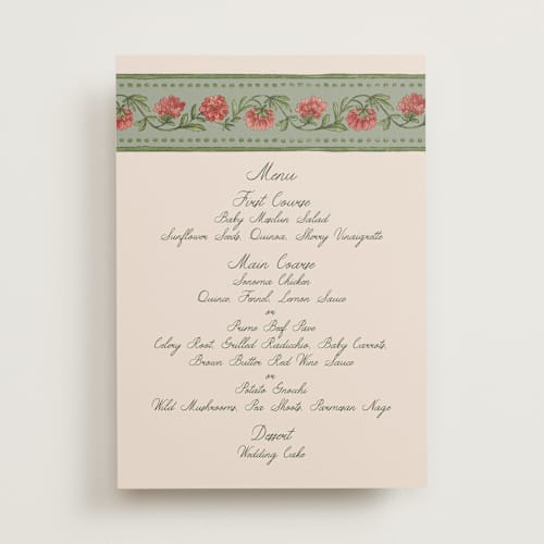 This is a coral fern menu cards with standard by Chris Griffith called wedding tapestry printing on signature in 5x7