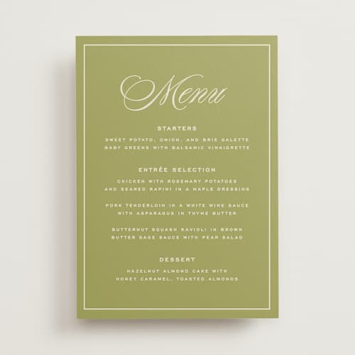 This is a olive menu cards with standard by Ellen Schlegelmilch called rory printing on signature in standard