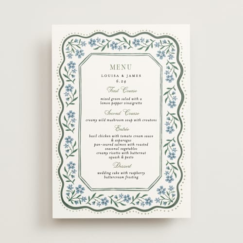 This is a periwinkle menu cards with standard by Alethea and Ruth called sweet vintage printing on signature in standard