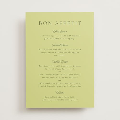 This is a chartreuse menu cards with standard by Everett Paper Goods called carlyle printing on signature in standard
