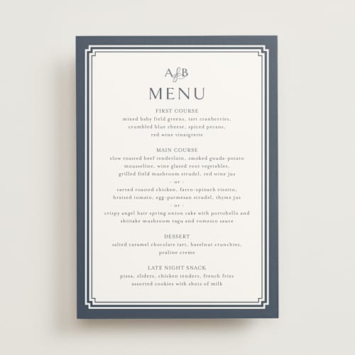 This is a french blue menu cards with standard by Jennifer Postorino called ariah printing on signature in standard