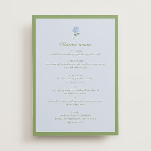 This is a coastal menu cards with standard by Madhvi Samimi called hydrangea vines printing on signature in standard