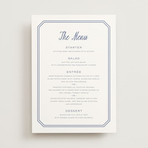 This is a blueberry menu cards with standard by Carolyn MacLaren called deluxe printing on signature in standard