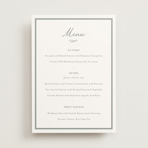 This is a sage menu cards with standard by Sara Hicks Malone called signature monogram printing on signature in 5x7