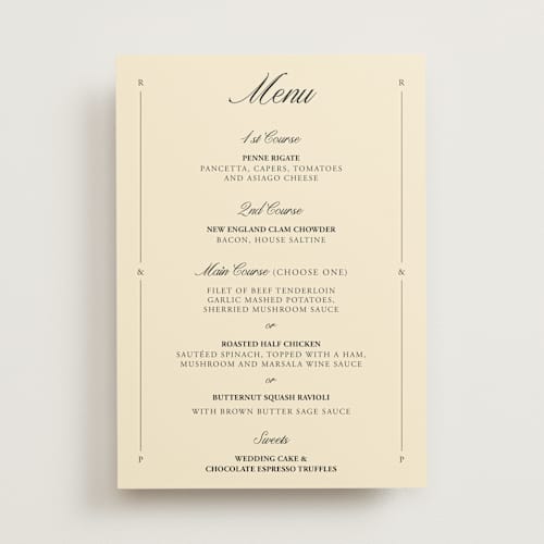 This is a sunshine menu cards with standard by Jen Ramsey called elegant and formal printing on signature in 5x7