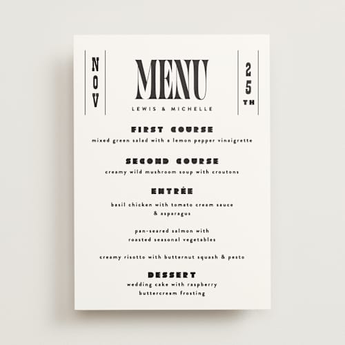 This is a noir menu cards with standard by Alethea and Ruth called bold stack printing on signature in 5x7