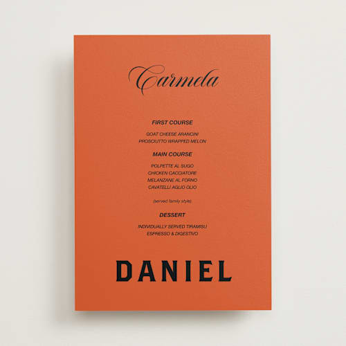 This is a amaro menu cards with standard by Studio Suku called bold and demure printing on signature in 5x7