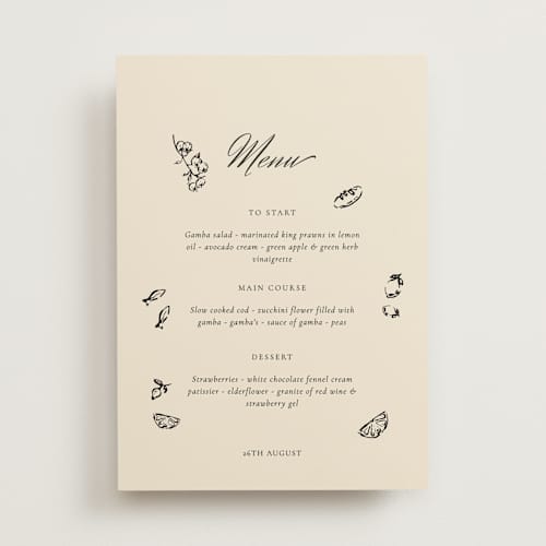This is a cream menu cards with standard by Draft and Wed called whimsical watercolour printing on signature in standard