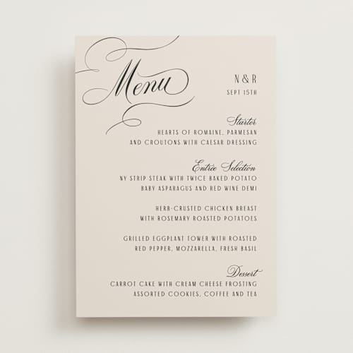This is a black tie menu cards with standard by Hooray Creative called scripted names printing on signature in standard