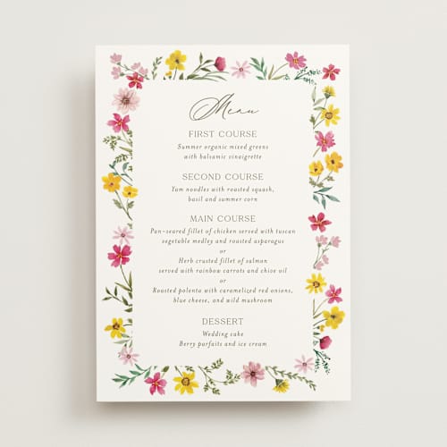 This is a peony menu cards with standard by Yaling Hou Suzuki called wildflower wreath printing on signature in standard