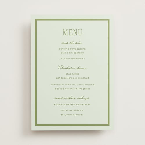 This is a forest menu cards with standard by Sara Hicks Malone called dewberry printing on signature in standard