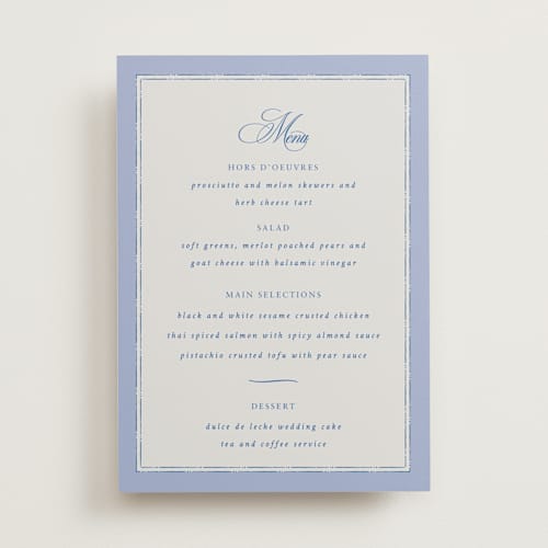 This is a blue mist menu cards with standard by Design Lotus called amalfi blue printing on signature in standard