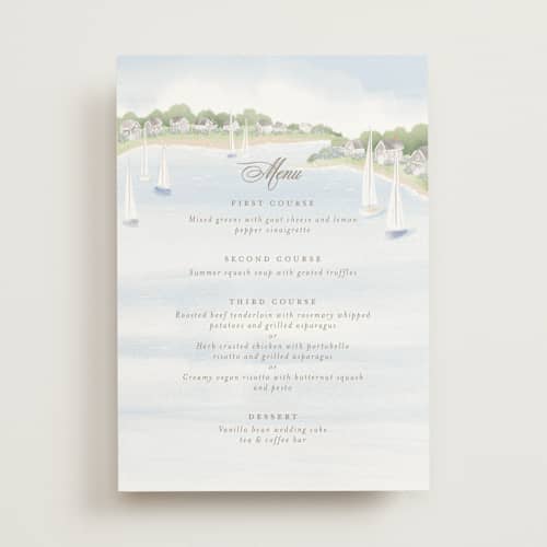 This is a aqua menu cards with standard by Jennifer Wick called bristol printing on signature in standard