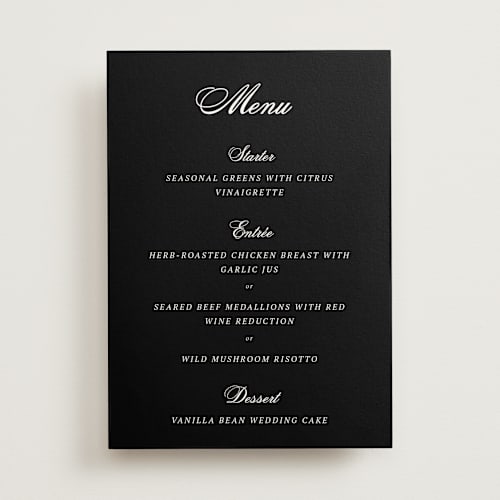 This is a mystic raven menu cards with standard by Cass Loh called chic union printing on signature in standard