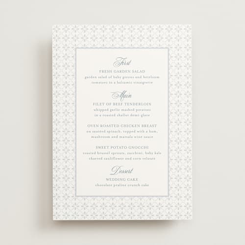 This is a dusty blue menu cards with standard by Jennifer Postorino called coastal charm printing on signature in standard