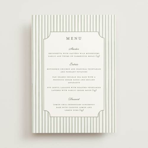 This is a sage menu cards with standard by Sarah Knight called greenery crest printing on signature in standard