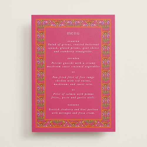 This is a fuchsia menu cards with standard by Pati Cascino called varna printing on signature in standard