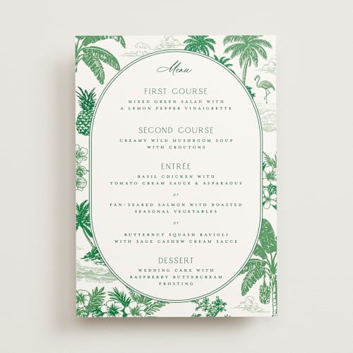 This is a jade menu cards with standard by Jenna Holcomb called tropical toile printing on signature in standard