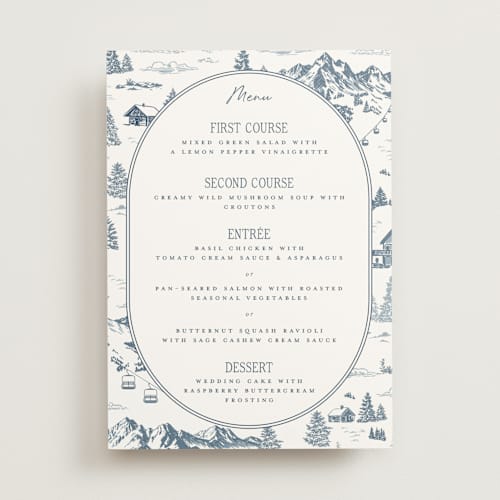 This is a denim menu cards with standard by Jenna Holcomb called mountain toile printing on signature in standard