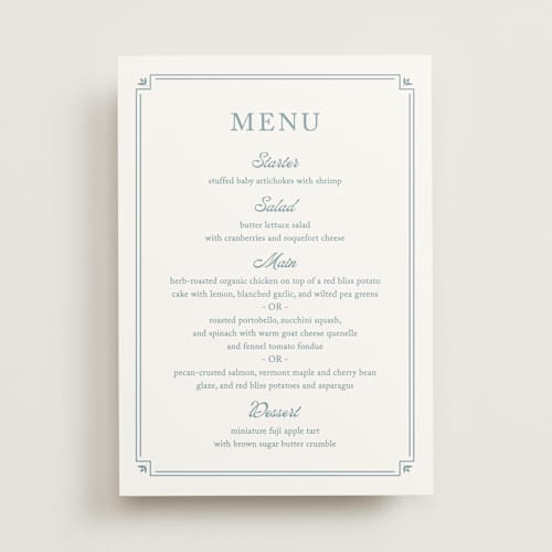 This is a french menu cards with standard by Carolyn MacLaren called fleur corner printing on signature in standard