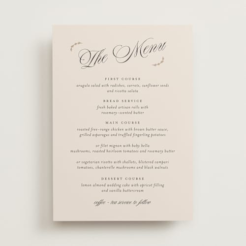 This is a ivory menu cards with standard by Paper Raven Co. called vintage romance printing on signature in standard