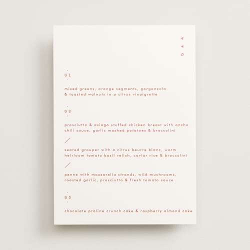 This is a verona sunset menu cards with standard by Blustery August called alaia printing on signature in 5x7