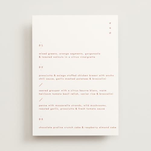 This is a verona sunset menu cards with standard by Blustery August called alaia printing on signature in 5x7