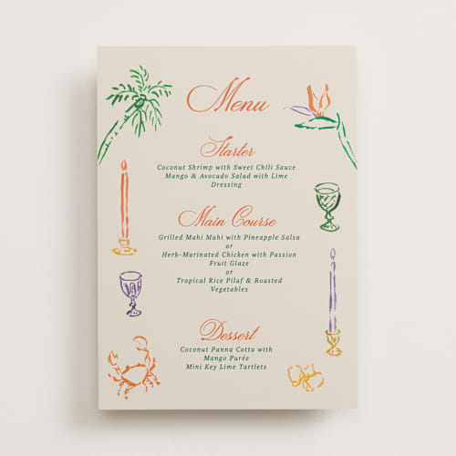 This is a bird of paradise menu cards with standard by Cass Loh called tropical tableau printing on signature in standard