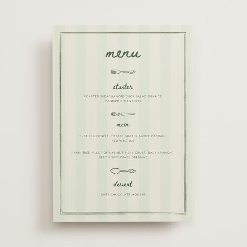 This is a seafoam menu cards with standard by Vera Lim called whimsy.. printing on signature in standard
