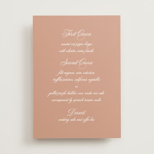 This is a burnt peach menu cards with standard by Becky Nimoy called burnt peach printing on signature in standard