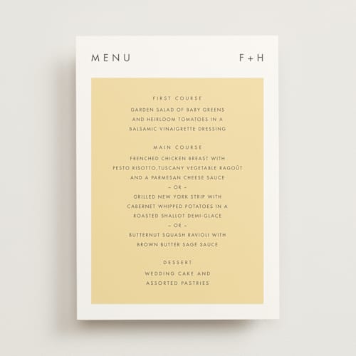 This is a buttercup menu cards with standard by Snow and Ivy called colorfield printing on signature in standard