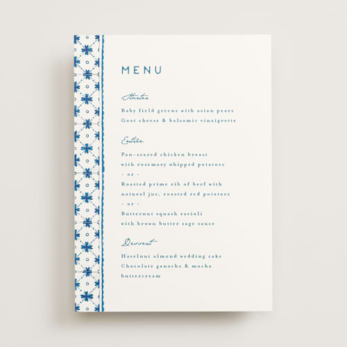 This is a navy menu cards with standard by Anastasia Makarova called watercolor tile printing on signature in 5x7