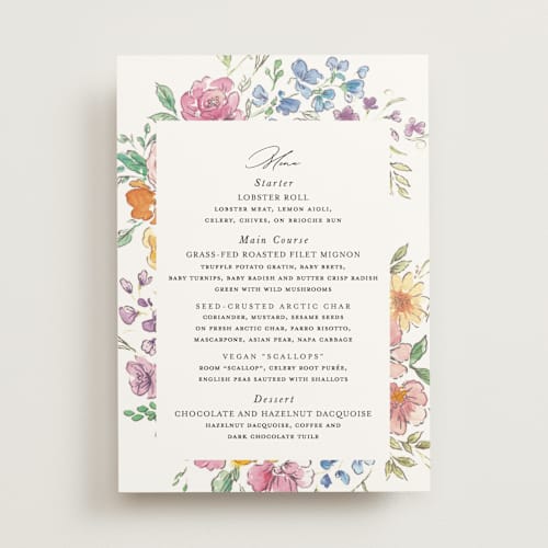 This is a tropical menu cards with standard by Itsy Belle Studio called floral pop printing on signature in 5x7