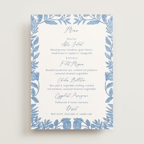 This is a porcelain menu cards with standard by Elly called porcelain floral printing on signature in 5x7