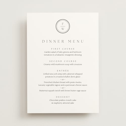 This is a cotton menu cards with standard by Stacey Meacham called circle monogram printing on signature in 5x7