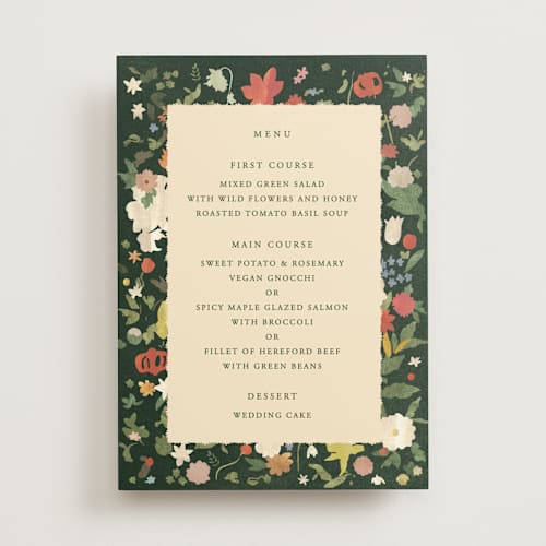 This is a garden menu cards with standard by Sumak Studio called all the flowers of the world printing on signature in 5x7