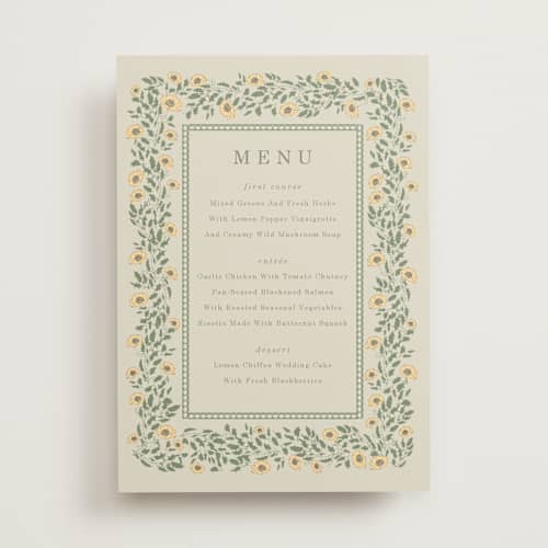 This is a mustard menu cards with standard by Baumbirdy called framed floral printing on signature in 5x7